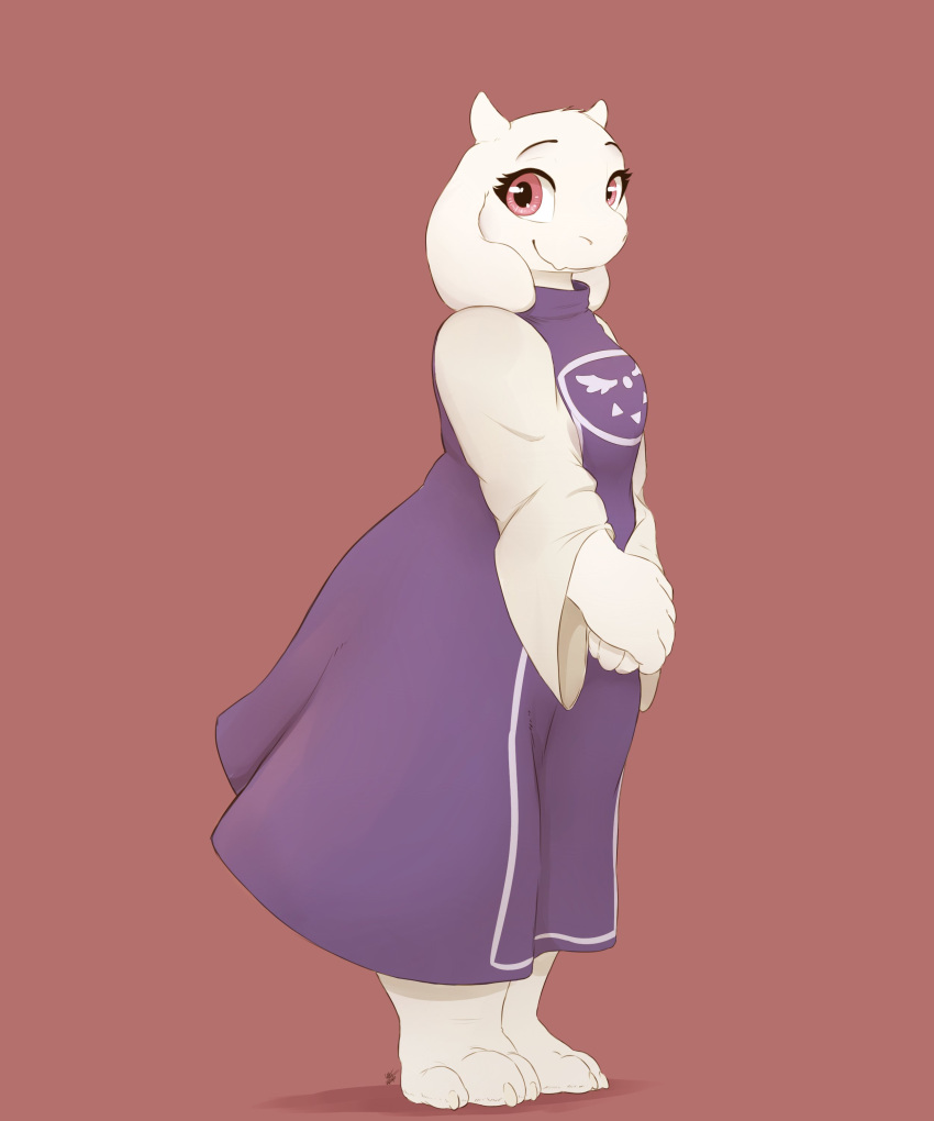 2023 absurd_res anthro barefoot bovid caprine digital_media_(artwork) feet female fur goat hi_res horn looking_at_viewer louart mammal signature simple_background smile solo standing toriel undertale_(series) white_body white_fur