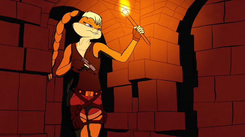 anthro breasts clothing explorer exploring female gun handgun hi_res hk_usp_match lagomorph leporid lola_bunny looney_tunes mammal pistol rabbit ranged_weapon rebeldragon101 shirt tank_top temple the_looney_tunes_show tomb_raider topwear torn_clothing torn_topwear trigger_discipline usp vehicle warner_brothers weapon