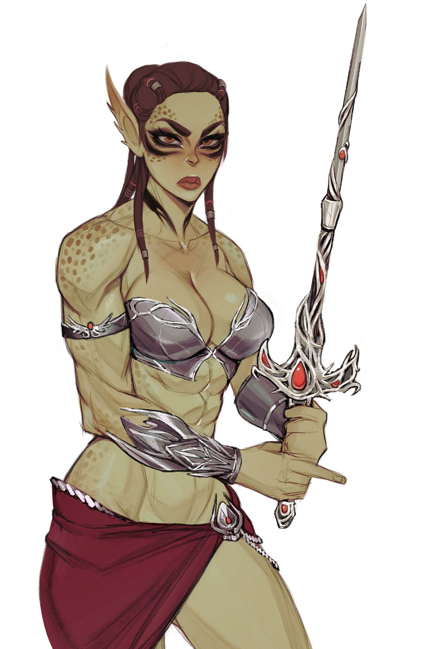 1girl abs baldur's_gate baldur's_gate_3 bikini bracer breasts brown_hair colored_skin commentary dungeons_and_dragons english_commentary freckles green_skin highres holding holding_sword holding_weapon lae'zel_(baldur's_gate) long_hair medium_breasts muscular muscular_female orange_eyes pointy_ears skirt solo swimsuit sword weapon white_background ykshelter