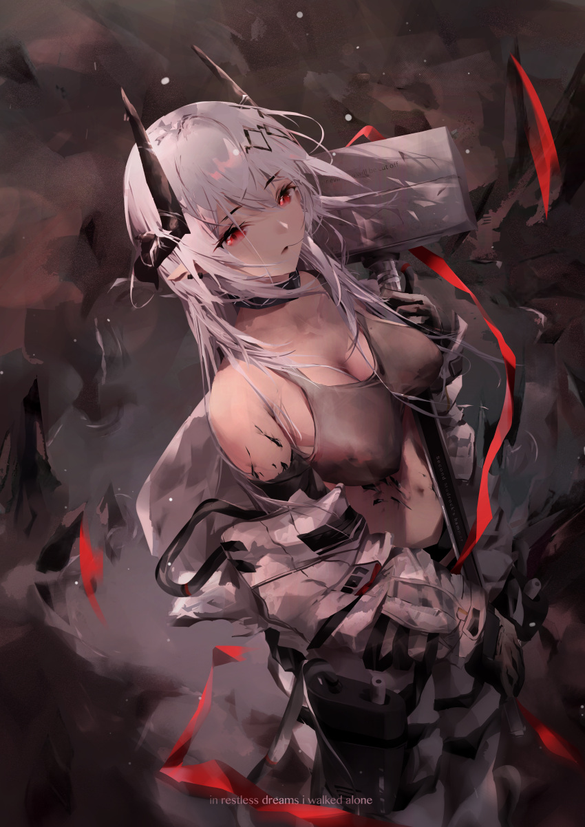 1girl absurdres arknights bare_shoulders black_gloves black_sports_bra breasts cleavage collar collarbone debris earrings english_text feet_out_of_frame gloves grey_hair hammer highres holding holding_hammer holding_weapon horns infection_monitor_(arknights) jewelry kagi_(dicedkey) large_breasts long_hair long_sleeves looking_at_viewer mudrock_(arknights) navel off_shoulder oripathy_lesion_(arknights) parted_lips pointy_ears red_eyes solo sports_bra standing weapon