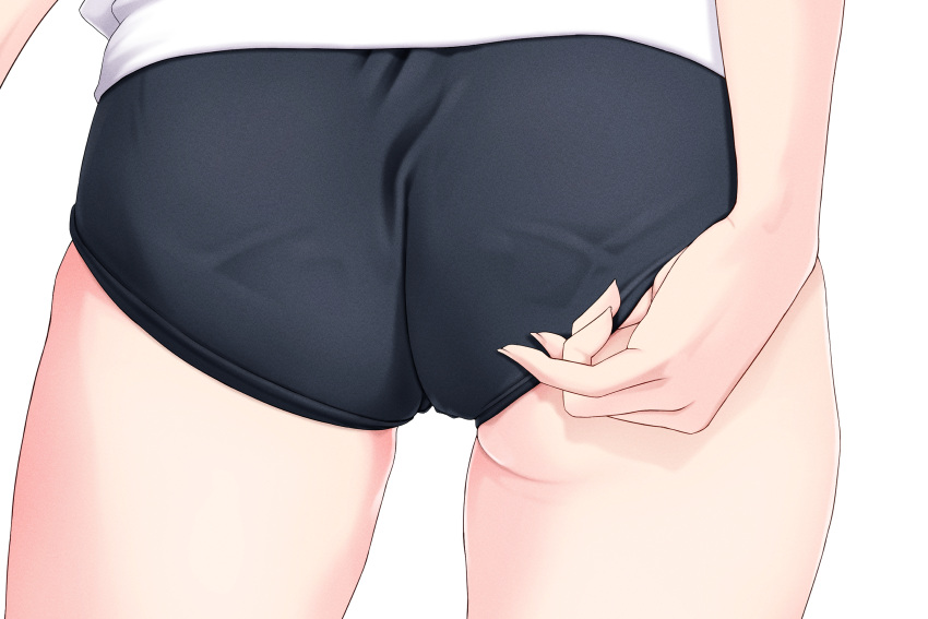 1girl absurdres adjusting_buruma adjusting_clothes ass ass_focus blue_buruma buruma fingernails flat_ass highres lower_body migita_(hirayuaki) original pantylines shirt simple_background solo white_background white_shirt