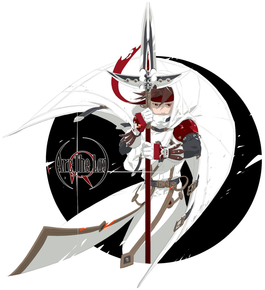 1boy arc_the_lad arc_the_lad_ii bandana black_hair cape closed_mouth copyright_name elc_(arc_the_lad) gloves highres hood hoodie looking_at_viewer male_focus polearm protected_link red_eyes save_scene_a short_hair solo spear weapon white_background white_cape white_hoodie