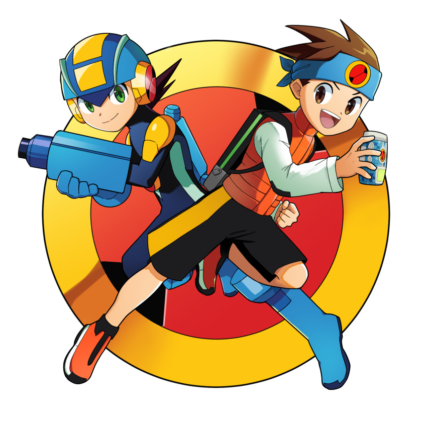 2boys android arm_cannon blue_headband brown_eyes cum cum_on_body full_body green_eyes headband highres lan_hikari_(mega_man) long_sleeves male_focus mega_buster mega_man_(series) mega_man_battle_network_(series) megaman.exe multiple_boys orange_footwear shoes shorts smile spiked_hair teeth transparent_background upper_teeth_only user_asny3737 weapon