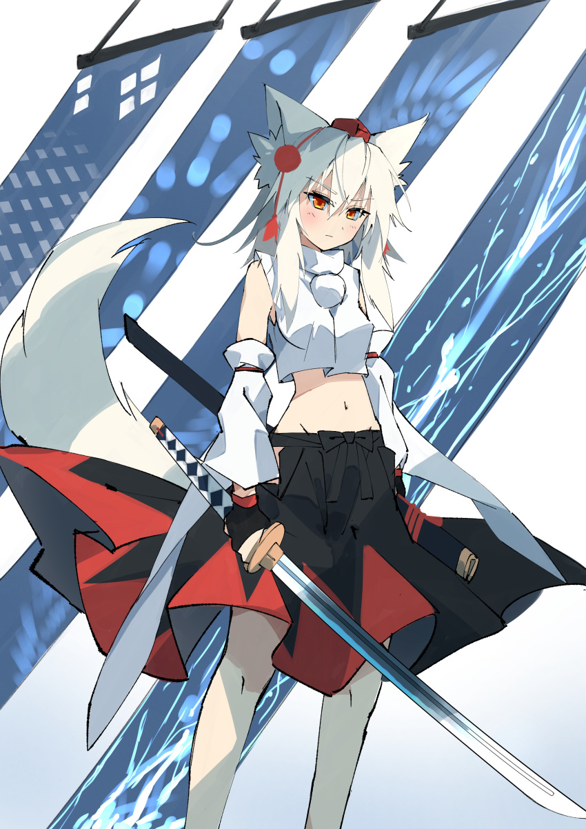 absurdres animal_ears black_skirt closed_mouth commentary_request crop_top detached_sleeves feet_out_of_frame groin hat highres holding holding_sword holding_weapon inubashiri_momiji kakaricho_dairi katana looking_at_viewer medium_hair navel pom_pom_(clothes) red_eyes red_headwear red_skirt shirt skirt sword tail tokin_hat touhou two-tone_skirt weapon white_hair white_shirt wide_sleeves wolf_ears wolf_girl wolf_tail
