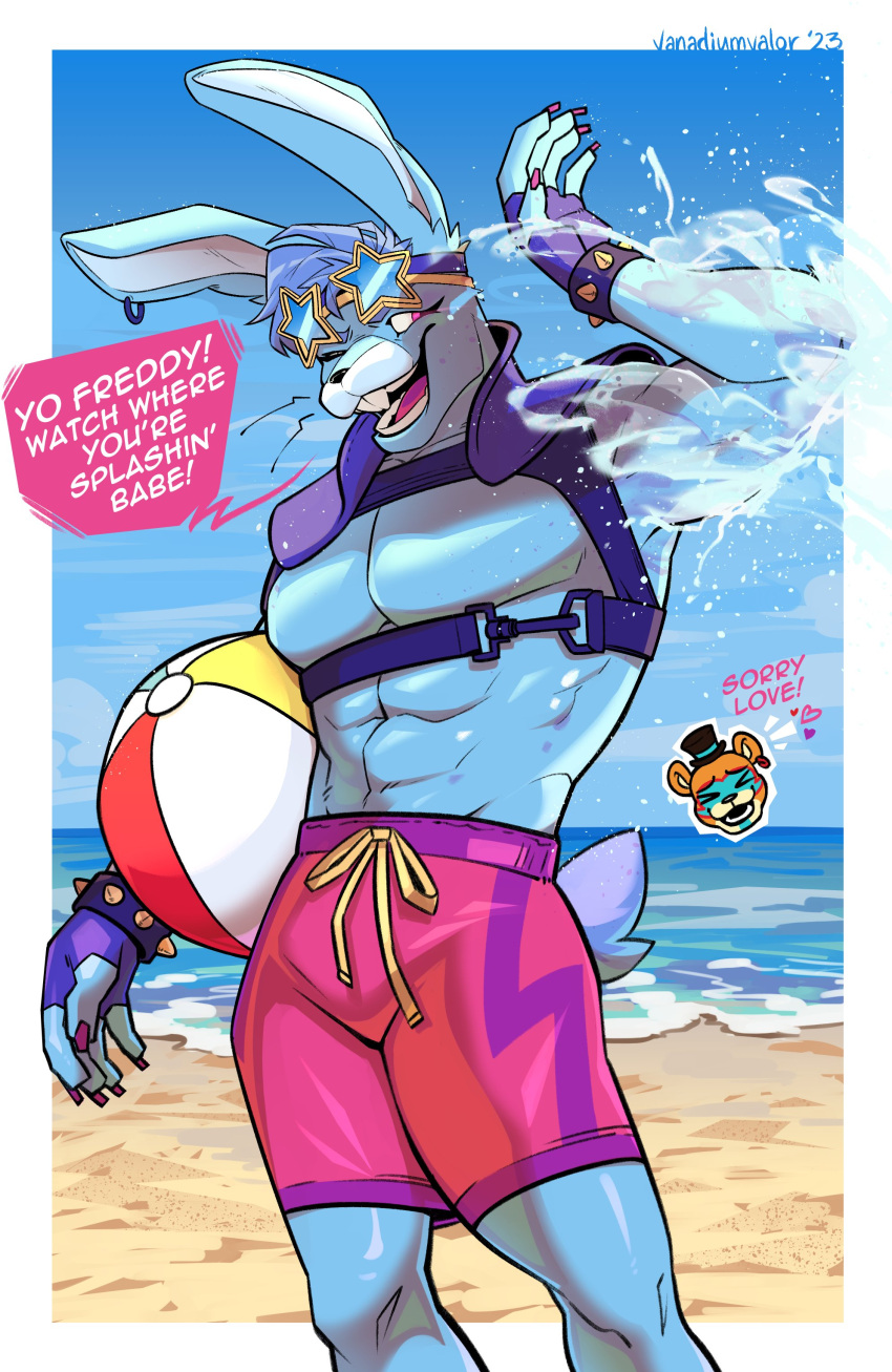 2023 absurd_res anthro ball beach beach_ball bear biceps biped blue_body blue_fur blue_hair bottomwear bracelet buckteeth claws clothed clothing colored_nails detailed_background dialogue digital_media_(artwork) duo ear_piercing ear_ring eyewear five_nights_at_freddy's five_nights_at_freddy's:_security_breach fluffy fluffy_tail front_view fur glamrock_bonnie_(fnaf) glamrock_freddy_(fnaf) glasses gloves hair handwear harness hi_res humanoid inflatable jewelry lagomorph laugh leporid long_ears looking_at_another male mammal muscular muscular_anthro muscular_male nails one_eye_closed partially_clothed piercing pink_eyes rabbit ring_piercing romantic romantic_couple sand scottgames seaside shaded shirtless shorts signature sky solo speech_bubble splash standing steel_wool_studios sunglasses swimming_trunks swimwear tail teeth teeth_showing text topless vanadiumvalor water