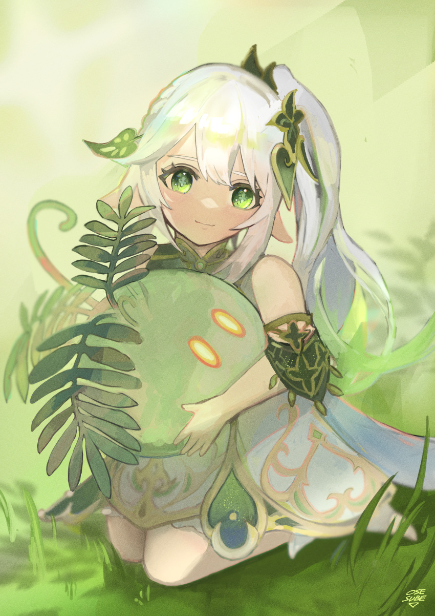 1girl absurdres closed_mouth commentary_request dress flower-shaped_pupils genshin_impact gradient_hair green_eyes green_hair hair_ornament highres leaf_hair_ornament looking_at_viewer multicolored_hair nahida_(genshin_impact) on_grass osesube2 pointy_ears side_ponytail signature sitting sleeveless sleeveless_dress slime_(genshin_impact) smile socks stirrup_legwear symbol-shaped_pupils toeless_legwear wariza white_dress white_hair white_socks