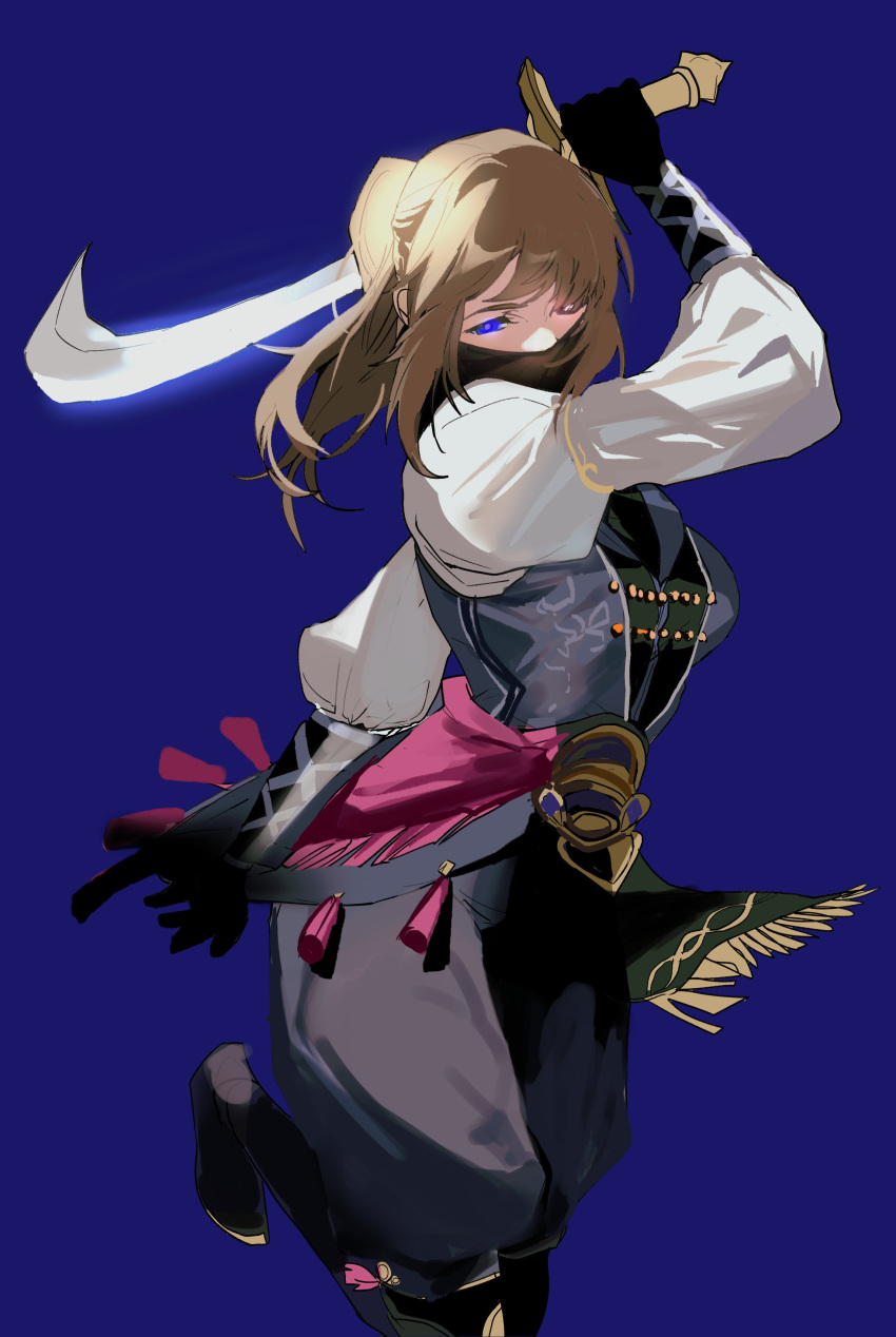 1girl absurdres arm_up avatar_(ff11) black_footwear blue_background blue_eyes blue_mage blue_vest boots breasts final_fantasy final_fantasy_xi highres holding holding_sword holding_weapon hume juliet_sleeves knee_boots leg_up light_brown_hair long_sleeves mask medium_breasts mouth_mask pants ponytail puffy_pants puffy_sleeves purple_pants sidelocks simple_background solo sword tassel vest weapon wefightasone_1