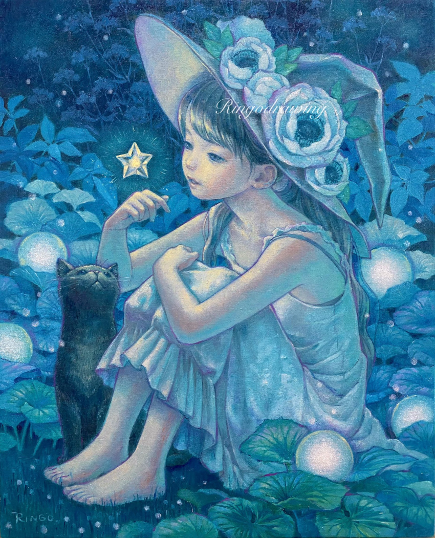 1girl barefoot black_cat blue_theme cat commentary_request dress floating floating_object flower full_body grass grey_eyes grey_hair hat hat_flower highres leaf long_hair nature oil_painting_(medium) original outdoors painting_(medium) parted_lips revision ringodrawing sitting sleeveless sleeveless_dress solo star_(symbol) traditional_media white_dress witch_hat