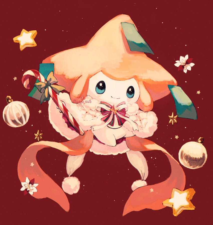 absurdres animal_focus artist_name blue_eyes candy candy_cane christmas clothed_pokemon colored_skin food highres jirachi no_humans pokemon pokemon_(creature) red_background smile solo star_(symbol) su_(sajo_su5) tanzaku white_skin