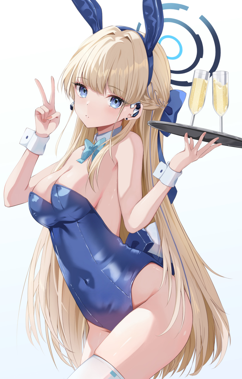 1girl absurdres alcohol animal_ears bare_shoulders blue_archive blue_bow blue_eyes blue_leotard bow bowtie champagne covered_navel cup detached_collar drinking_glass earpiece groin hair_bow halo highleg highleg_leotard highres holding holding_tray leotard long_hair looking_at_viewer microphone official_alternate_costume parted_lips playboy_bunny rabbit_ears rabbit_tail shinshia_(sinsia_0928) simple_background solo tail thighhighs thighs toki_(blue_archive) toki_(bunny)_(blue_archive) tray v very_long_hair white_background white_thighhighs wrist_cuffs
