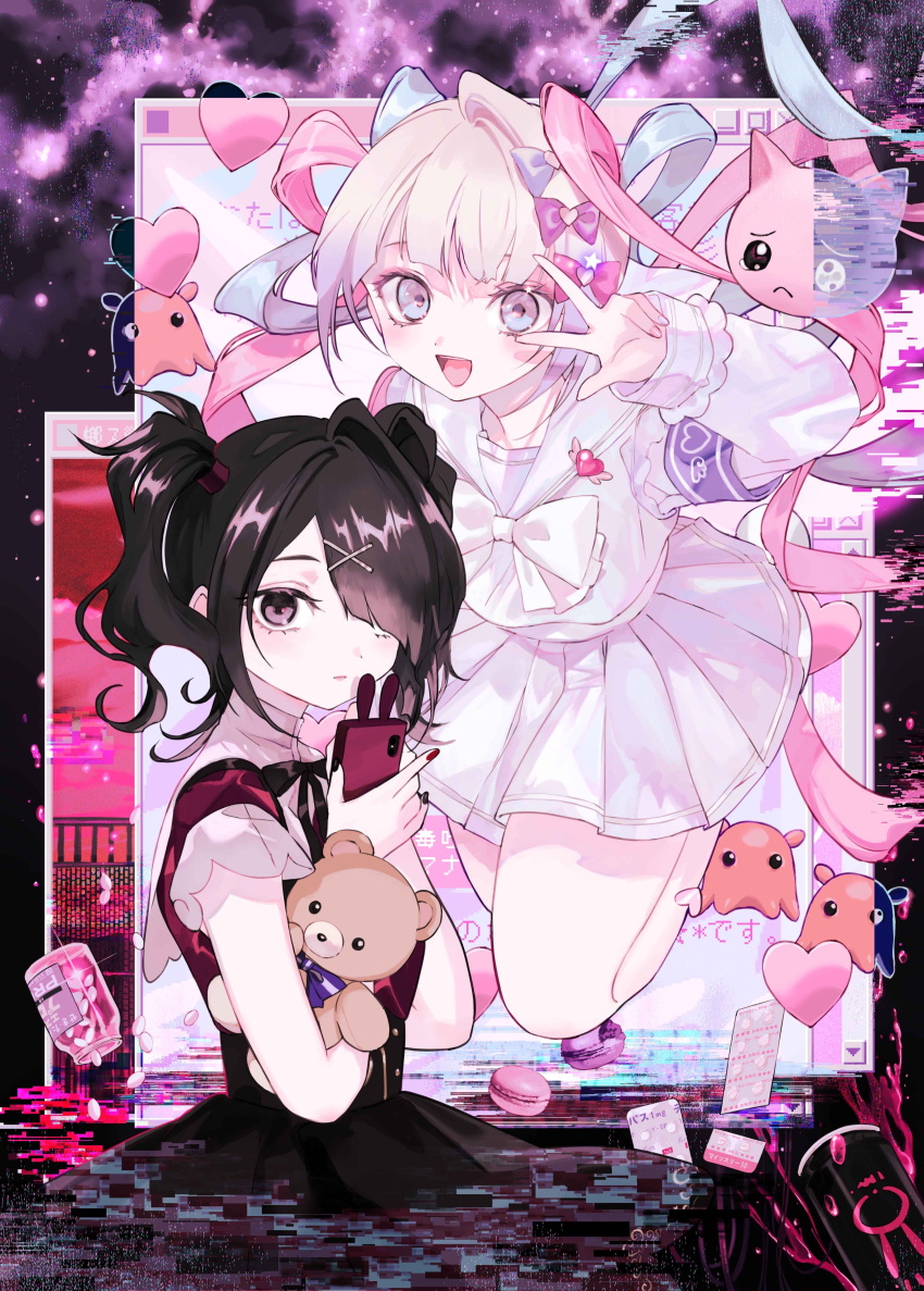 2girls absurdres ame-chan_(needy_girl_overdose) black_eyes black_hair black_ribbon blue_bow blue_eyes blue_hair blue_nails blush bow cellphone chouzetsusaikawa_tenshi-chan dual_persona expressionless food glitch grey_hair hair_bow hair_ornament hair_over_one_eye hair_tie hairclip heart heart_hair_ornament highres holding holding_phone holding_stuffed_toy jirai_kei long_hair looking_at_viewer macaron maruino medicine medium_hair multicolored_hair multicolored_nails multiple_girls multiple_hair_bows neck_ribbon needy_girl_overdose open_mouth phone pill pill_bottle pin pink_bow pink_hair pink_nails pleated_skirt purple_bow quad_tails red_shirt ribbon sailor_collar school_uniform serafuku shirt shirt_tucked_in skirt smartphone smile space stuffed_animal stuffed_toy teddy_bear twintails v_over_eye very_long_hair window_(computing) x_hair_ornament