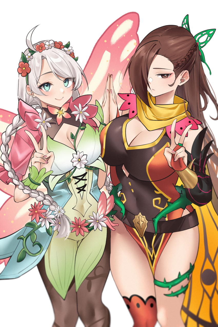 2girls absurdres ahoge asymmetrical_legwear bare_shoulders blue_eyes braid breasts brown_eyes brown_hair brown_pantyhose butterfly_hair_ornament butterfly_wings capelet closed_mouth english_commentary fairy fairy_wings fire_emblem fire_emblem_fates fire_emblem_heroes flower food_print french_braid gradient_clothes green_bracelet green_hairband grey_hair hair_ornament hair_over_one_eye hair_vines hairband harness highres insect_wings kagero_(fire_emblem) kagero_(resplendent)_(fire_emblem) large_breasts leaf_bracelet leather_belt looking_at_viewer low_twin_braids low_twintails medium_breasts multiple_girls nina_(fire_emblem) nina_(resplendent)_(fire_emblem) official_alternate_costume pantyhose parted_bangs pink_capelet pink_flower pinnn plant scarf thorns twin_braids twintails v vine_print vines watermelon_print white_flower wings yellow_scarf