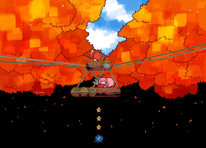 1boy 1girl 1other absurdres autumn autumn_leaves dress fairy falling_leaves highres kirby kirby_(series) kirby_64 leaf log looking_back rariatto_(ganguri) red_dress red_ribbon redrawn ribbon ribbon_(kirby) solid_circle_eyes star_(symbol) sweatdrop waddle_dee wings