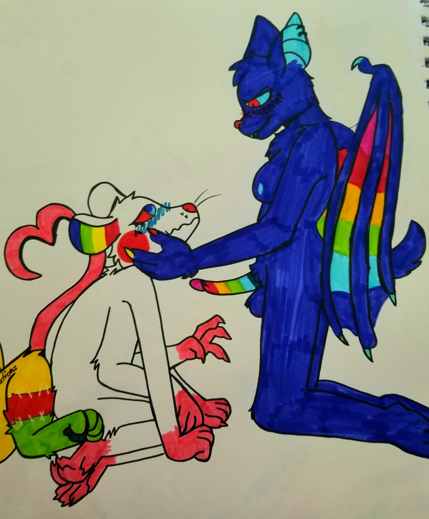 absurd_res albino anthro arachnid arthropod bat big_penis blush chimeracocks duo eye_contact female female/female genitals hand_on_cheek heart_tail hi_res hybrid kneeling looking_at_another mammal mood multi_arm multi_leg multi_limb multicolored_penis murid murine penis rainbow_penis rainbow_wings rat rem_e_dies rodent spider t4t trans_(lore) trans_woman_(lore) wings