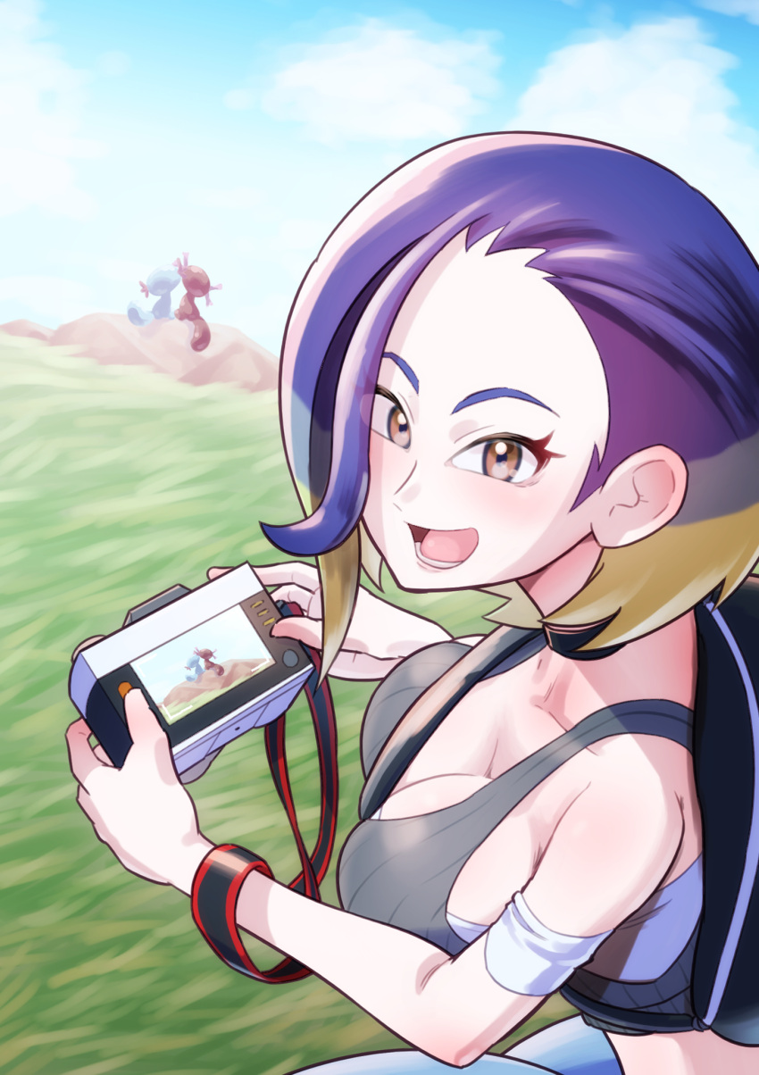 1girl bare_shoulders between_breasts black_choker blue_hair bob_cut breasts brown_eyes camera choker cleavage collarbone crop_top denim fumirumochigashin grey_shirt grey_sports_bra highres holding holding_camera large_breasts loose_hair_strand midriff paldean_wooper perrin_(pokemon) pokemon pokemon_(creature) pokemon_(game) pokemon_sv ribbed_shirt shirt sleeveless sleeveless_shirt sports_bra strap_between_breasts undershirt wooper