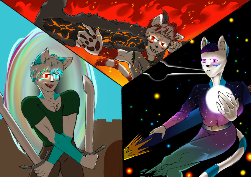 absurd_res anthro athletic athletic_anthro athletic_male axolotl_team black_hole blue_body blue_eyes blue_fur cat_tail cosmic_background cowboy_outfit domestic_cat edgecore_luke felid feline felis fire fur glowing glowing_eyes group hi_res humanoid light luke_twice male mammal melee_weapon phantasmacore_luke polearm portal purple_eyes red_body red_eyes red_fur space spear star sword trio wall_(structure) weapon white_body white_fur