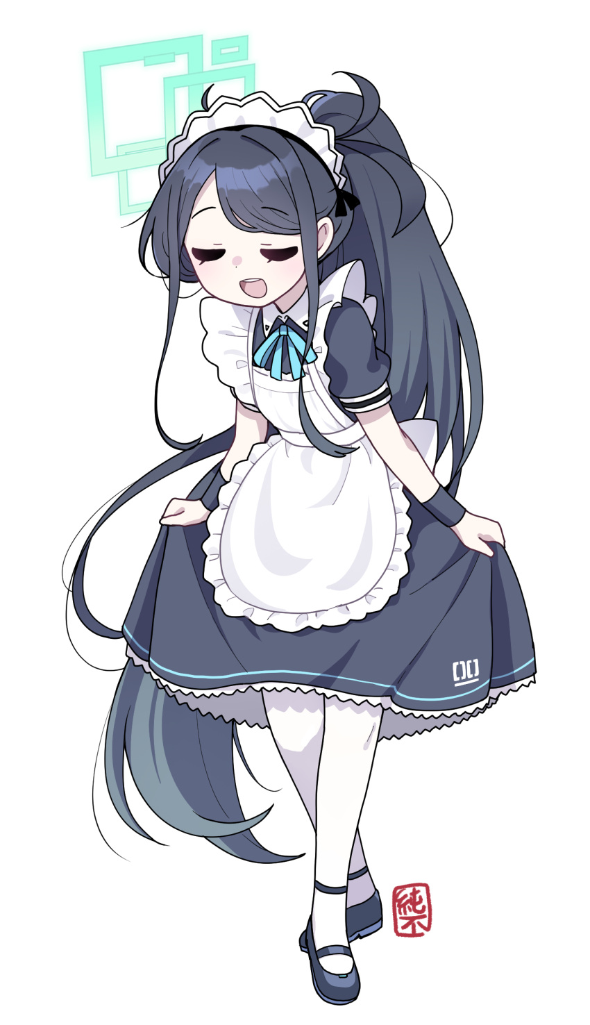 1girl absurdly_long_hair absurdres apron aris_(blue_archive) aris_(maid)_(blue_archive) black_hair blue_archive closed_eyes halo highres junsuina_fujunbutsu leaning_forward long_hair maid maid_apron maid_headdress official_alternate_costume official_alternate_hairstyle ponytail shirt_hold solo thighhighs very_long_hair white_background white_thighhighs