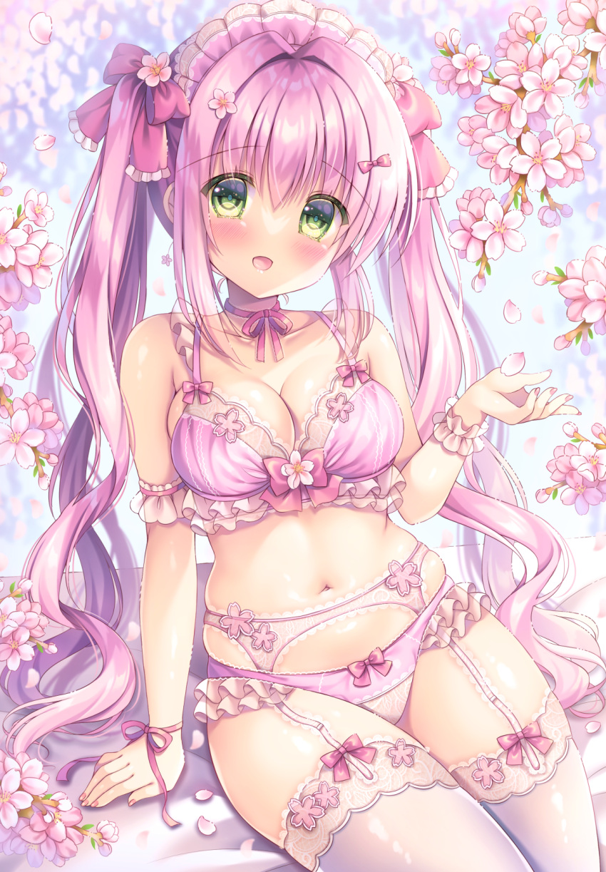 1girl :d bare_shoulders blush bow bow_bra bow_panties bra breasts cherry_blossoms cleavage commentary_request flower garter_straps green_eyes hair_between_eyes hand_up highres kouta. long_hair looking_at_viewer medium_breasts navel original panties pink_bra pink_flower pink_hair pink_panties sitting smile solo thighhighs twintails underwear underwear_only very_long_hair white_thighhighs wrist_cuffs