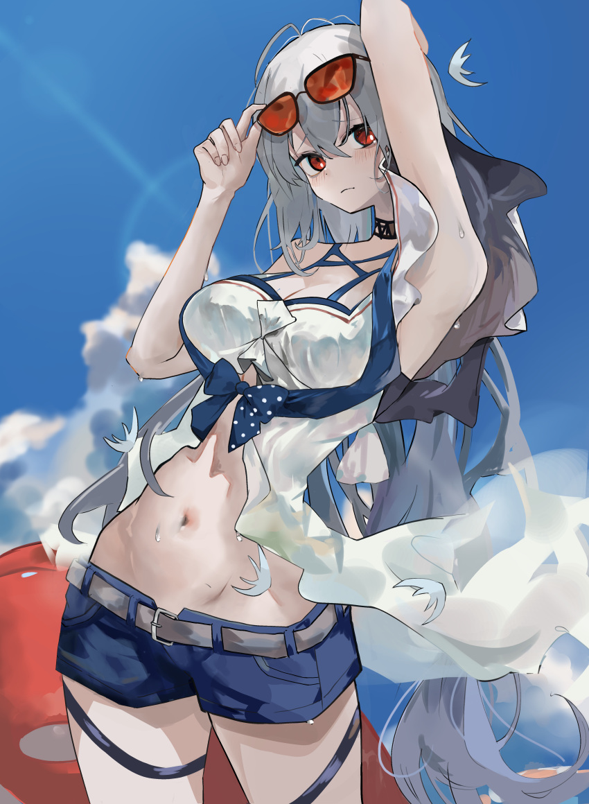 1girl absurdly_long_hair absurdres arknights arm_behind_back arm_up armpits belt black_choker blue_shorts choker enne_kl eyewear_on_head grey_hair hands_up highres holding holding_eyewear inflatable_orca inflatable_toy long_hair low-tied_long_hair midriff navel off-shoulder_shirt off_shoulder official_alternate_costume orange-tinted_eyewear red_eyes shirt short_shorts shorts skadi_(arknights) skadi_(waverider)_(arknights) sunglasses tinted_eyewear very_long_hair