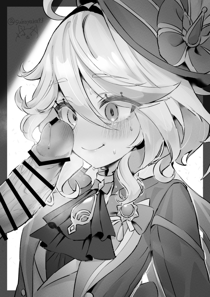 1boy 1girl ahoge ascot bar_censor blush censored closed_mouth erection furina_(genshin_impact) genshin_impact greyscale hair_between_eyes hat hetero highres long_hair monochrome penis penis_awe smile solo_focus sukoyaka93 sweat