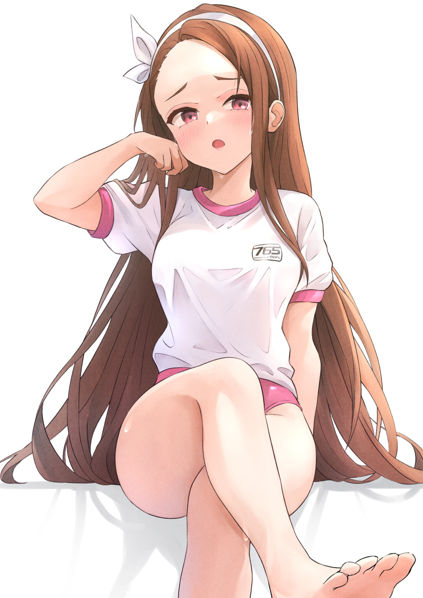 1girl absurdres alternate_costume ass b1ack_illust bare_legs barefoot blush breasts brown_hair buruma crossed_legs foot_out_of_frame forehead gym_shirt hairband highres idolmaster idolmaster_(classic) idolmaster_million_live! long_hair looking_at_viewer medium_breasts minase_iori pink_buruma shirt sitting soles solo sweat toes very_long_hair white_hairband