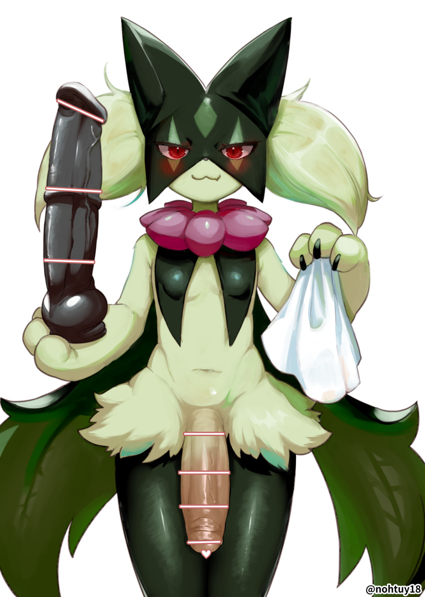 2023 absurd_res anthro big_dildo big_penis blush censored dildo fur generation_9_pokemon genitals girly green_body green_fur hi_res looking_at_viewer male meowscarada nintendo nohtuy18 penis pokemon pokemon_(species) red_eyes sex_toy solo