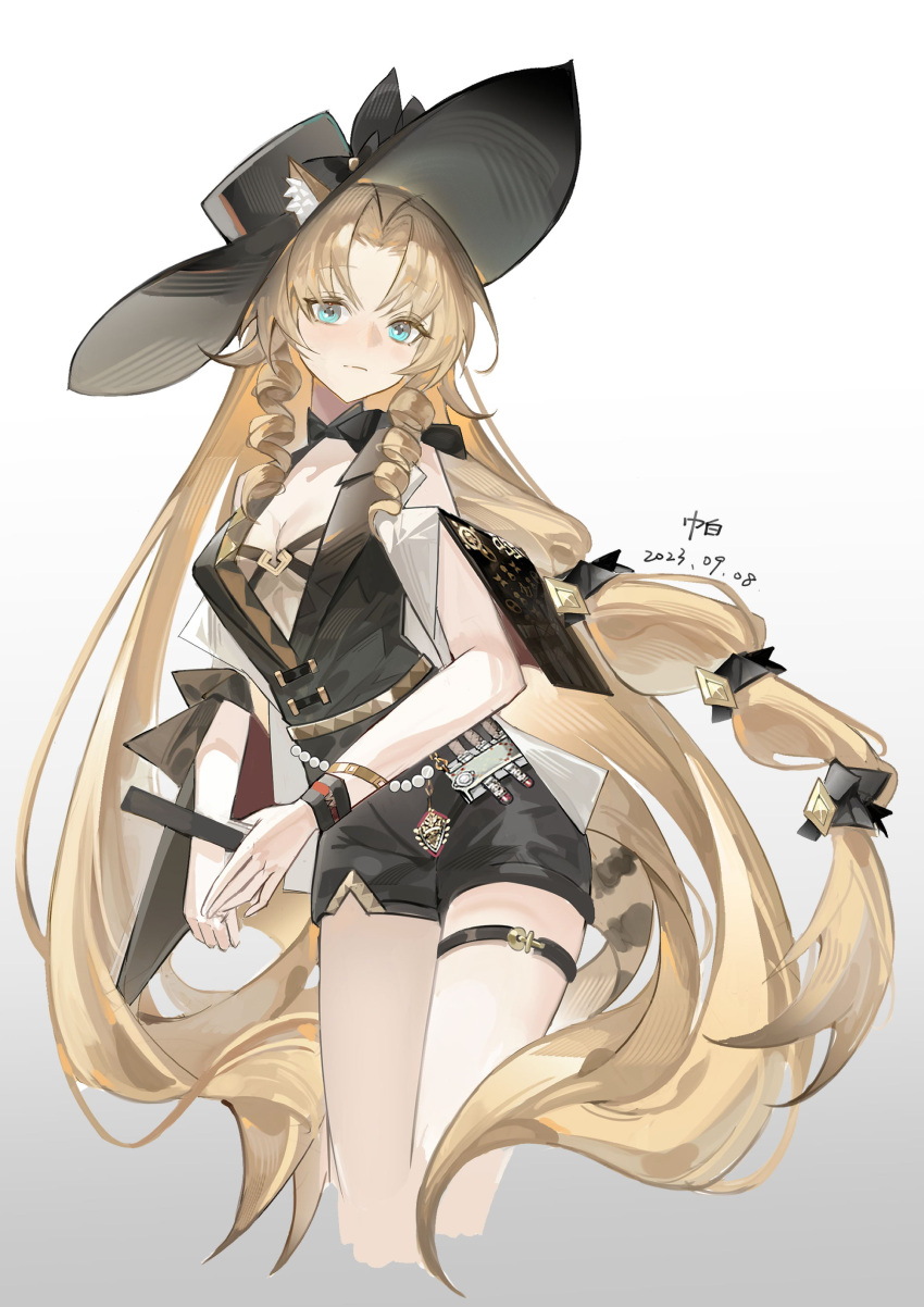 1girl absurdres animal_ears arknights black_bow black_dress black_headwear blonde_hair blue_eyes bow breasts center_opening cleavage cropped_legs dated dress drill_hair drill_sidelocks duohelengshuiba ears_through_headwear feet_out_of_frame grey_background hat hat_bow highres long_hair looking_at_viewer medium_breasts official_alternate_costume sidelocks simple_background sleeveless sleeveless_dress solo swire_(arknights) swire_the_elegant_wit_(arknights) tail tiger_ears tiger_girl tiger_tail very_long_hair