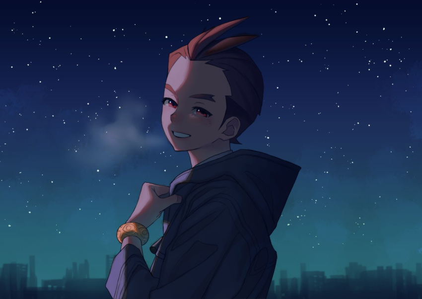 1boy ace_attorney alternate_costume antenna_hair apollo_justice black_hoodie blue_background bracelet brown_hair city dark from_side grin hand_up highres hood hood_down hoodie jewelry looking_at_viewer male_focus ouse_(otussger) red_eyes short_hair sky sleeves_past_elbows smile solo star_(sky) starry_sky thick_eyebrows upper_body