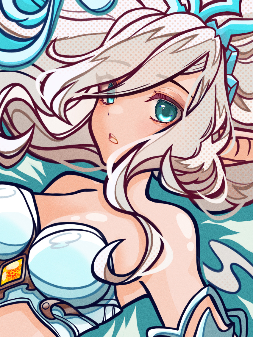 1girl absurdres bare_shoulders blue_eyes breasts cleavage grey_hair hair_between_eyes hair_ornament highres janna_(league_of_legends) kawaguti_kappa league_of_legends long_hair looking_at_viewer medium_breasts open_mouth pointy_ears simple_background solo teeth upper_body upper_teeth_only