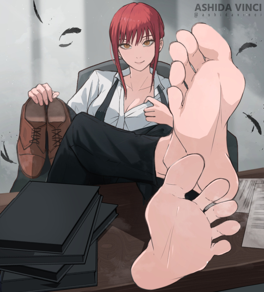 1girl artist_name barefoot black_feathers black_necktie black_pants blurry blurry_background breasts brown_eyes brown_footwear chainsaw_man closed_mouth collarbone commentary crossed_legs desk english_commentary falling_feathers feathers feet feet_on_table feet_up foot_focus foreshortening highres indoors looking_at_viewer makima_(chainsaw_man) medium_breasts necktie pants red_hair shoarts00 shoes shoes_removed sidelocks smell smile soles solo spread_toes steaming_body toes twitter_username undone_necktie