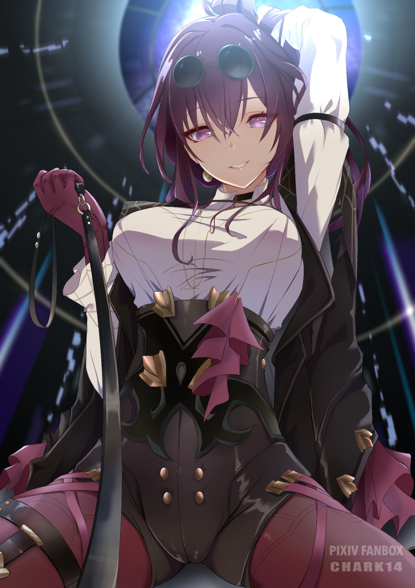 1girl black_jacket breasts chark14 commentary_request earrings english_commentary eyewear_on_head frilled_sleeves frills gloves high-waist_shorts highres holding holding_leash honkai:_star_rail honkai_(series) jacket jewelry kafka_(honkai:_star_rail) large_breasts leash long_hair long_jacket long_sleeves looking_at_viewer open_mouth pantyhose pantyhose_under_shorts pearl_earrings pov purple_eyes purple_gloves purple_hair purple_pantyhose round_eyewear shirt shorts smile solo spider_web_print sunglasses viewer_on_leash white_shirt