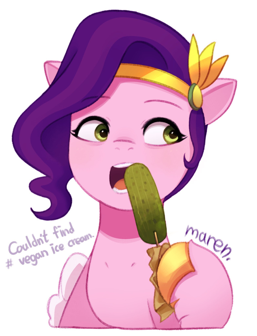 2023 crown digital_media_(artwork) equid equine eyelashes female feral food fur green_eyes hair hasbro headgear hi_res holding_object hooves mammal marenlicious mlp_g5 my_little_pony open_mouth pegasus pickle_(food) pink_body pink_fur pipp_petals_(mlp) purple_hair simple_background teeth white_background wings