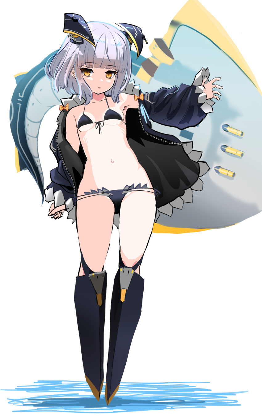 1girl absurdres armor armored_boots azur_lane bikini black_bikini black_jacket blunt_bangs boots breasts closed_mouth full_body grey_hair headgear hey_taisyou highres jacket long_sleeves looking_at_viewer open_clothes open_jacket orange_eyes short_hair simple_background siren_(azur_lane) siren_scavenger_(azur_lane) small_breasts solo swimsuit white_background