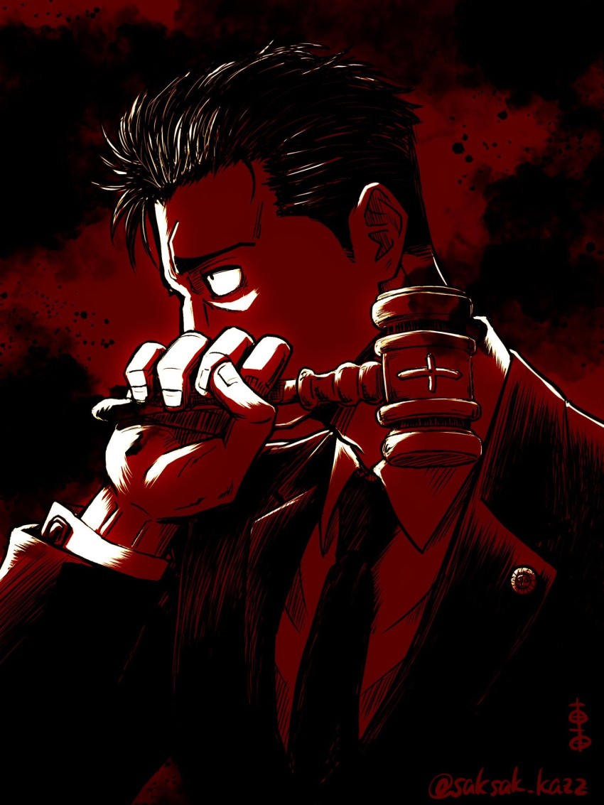 1boy badge black_eyes black_hair collared_shirt formal gavel hammer hand_up highres higuruma_hiromi holding holding_hammer jacket jujutsu_kaisen kurumada_kazz long_sleeves male_focus necktie profile red_theme shirt short_hair solo suit twitter_username