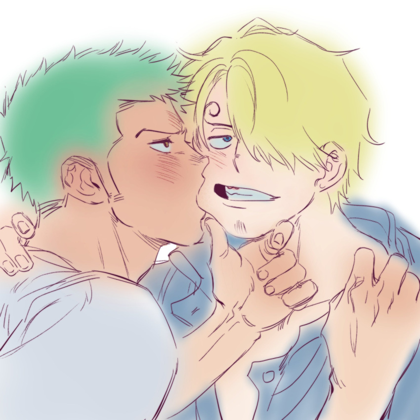 2boys biting blush cheek_biting couple curly_eyebrows dark-skinned_male dark_skin distracted grabbing_another's_chin green_hair hand_on_another's_chin hand_on_another's_neck highres long_sideburns male_focus multiple_boys one_piece partially_unbuttoned roronoa_zoro short_hair sideburns sweetdou3 swept_bangs unfinished upper_body v-shaped_eyebrows yaoi