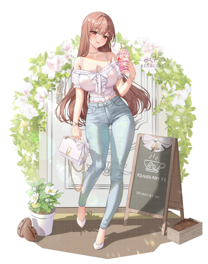 1girl absurdres bare_shoulders bra_strap breasts brown_eyes brown_hair cleavage collarbone commentary_request cup denim disposable_cup drinking_straw flower flower_pot full_body hand_up highres holding holding_cup jeans large_breasts long_hair off-shoulder_shirt off_shoulder original pants renberry shirt shoes short_sleeves solo standing thighs very_long_hair watch white_flower white_footwear white_shirt wristwatch