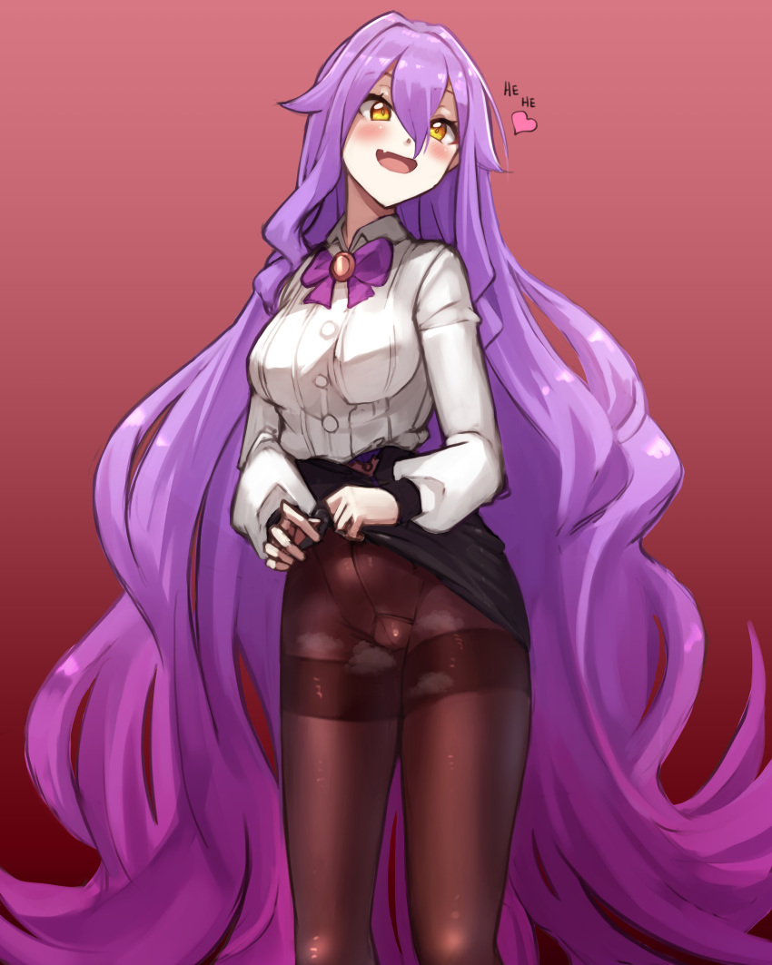 1girl absurdres black_skirt blush bow bowtie breasts brown_pantyhose clothes_lift collared_shirt cream_bread fang hair_between_eyes heart highres honkai_(series) honkai_impact_3rd lifted_by_self long_hair long_sleeves medium_breasts open_mouth pantyhose purple_bow purple_bowtie purple_hair red_background shirt sirin skin_fang skirt skirt_lift smile solo steaming_body very_long_hair white_shirt yellow_eyes