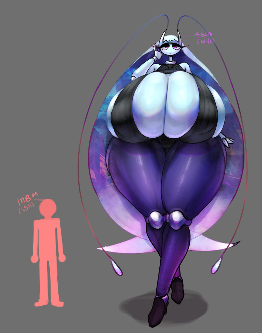 antennae_(anatomy) anthro areola areola_slip big_breasts black_body black_clothing breasts chart clothing duo eyelashes female full-length_portrait generation_7_pokemon grey_background hair height_chart hi_res huge_breasts human hyper hyper_breasts larger_female long_hair looking_at_viewer male mammal nintendo pheromosa pokemon pokemon_(species) portrait shadow shiny_pokemon simple_background size_difference skindentation standing tall_female thick_thighs ultra_beast white_body white_skin wide_hips yboon