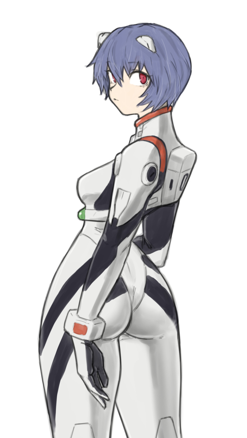 1girl ass ayanami_rei bodysuit breasts closed_mouth cowboy_shot from_behind highres looking_back neon_genesis_evangelion plugsuit red_eyes short_hair simple_background solo standing toshinoshin white_background white_bodysuit