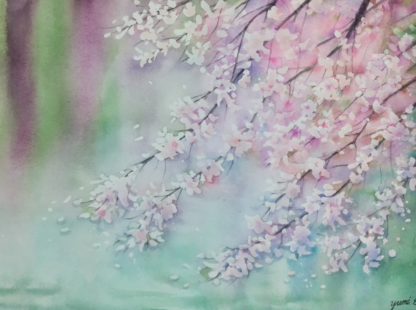 branch cherry_blossoms highres miyuchan777 no_humans original painting_(medium) realistic signature still_life traditional_media tree watercolor_(medium)