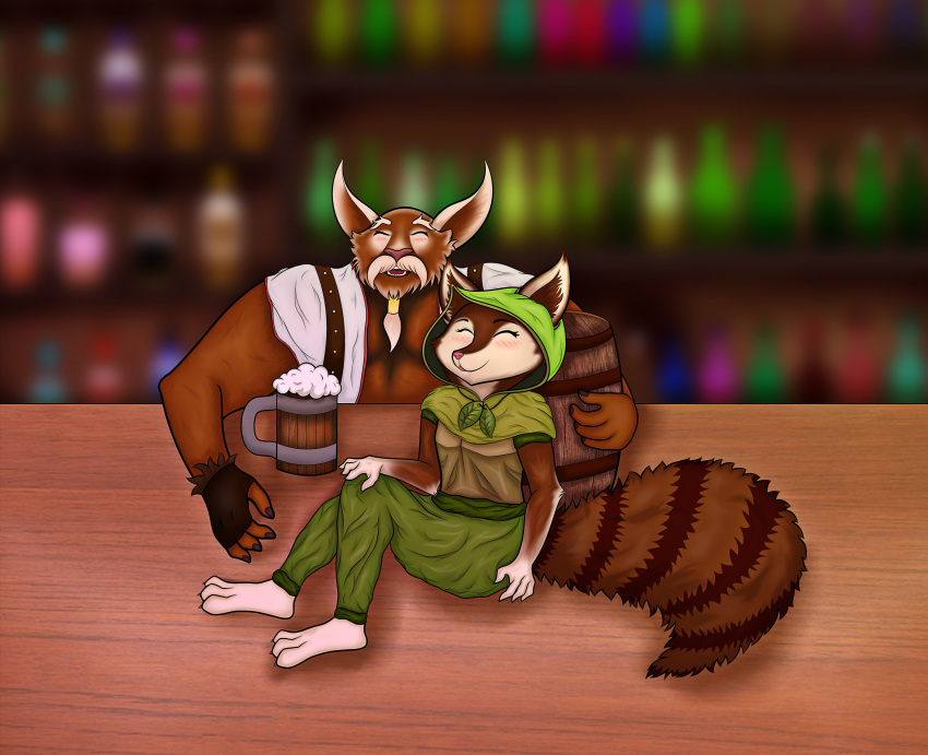 absurd_res alcohol anthro bar beverage blue_eyes blush blush_lines brown_body brown_fur clothing duo eyes_closed female feral fur furniture green_clothing hi_res hoodwink_(dota) inner_ear_fluff male mangix_the_brewmaster multicolored_body pink_nose skbld smile table tuft two_tone_tail white_clothing