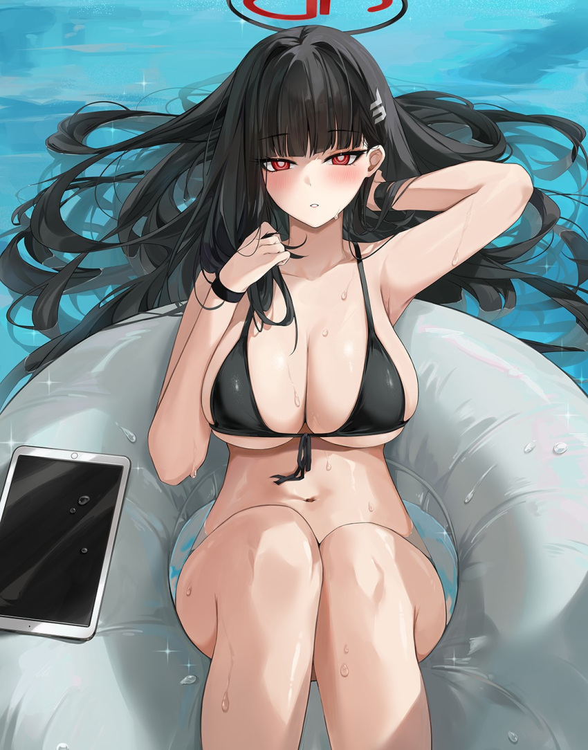 1girl afloat armpits bikini black_bikini black_hair blue_archive blush bracelet breasts bright_pupils dema_hmw hair_ornament hairclip highres innertube jewelry large_breasts long_hair looking_at_viewer navel red_eyes rio_(blue_archive) solo swimsuit tablet_pc very_long_hair wet white_pupils