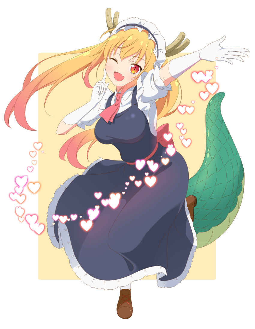 1girl ;d absurdres arm_up ascot blonde_hair border bow breasts dragon_girl dragon_horns dragon_tail dress fang floating_hair frills full_body gloves gradient_hair green_tail heart highres horns index_finger_raised kobayashi-san_chi_no_maidragon large_breasts looking_at_viewer maid maid_headdress multicolored_hair one_eye_closed open_mouth orange_eyes outstretched_arm pinafore_dress puffy_short_sleeves puffy_sleeves red_ascot short_sleeves slit_pupils smile solo standing standing_on_one_leg tail tohru_(maidragon) tuyuri twintails waist_bow white_border white_gloves wing_collar