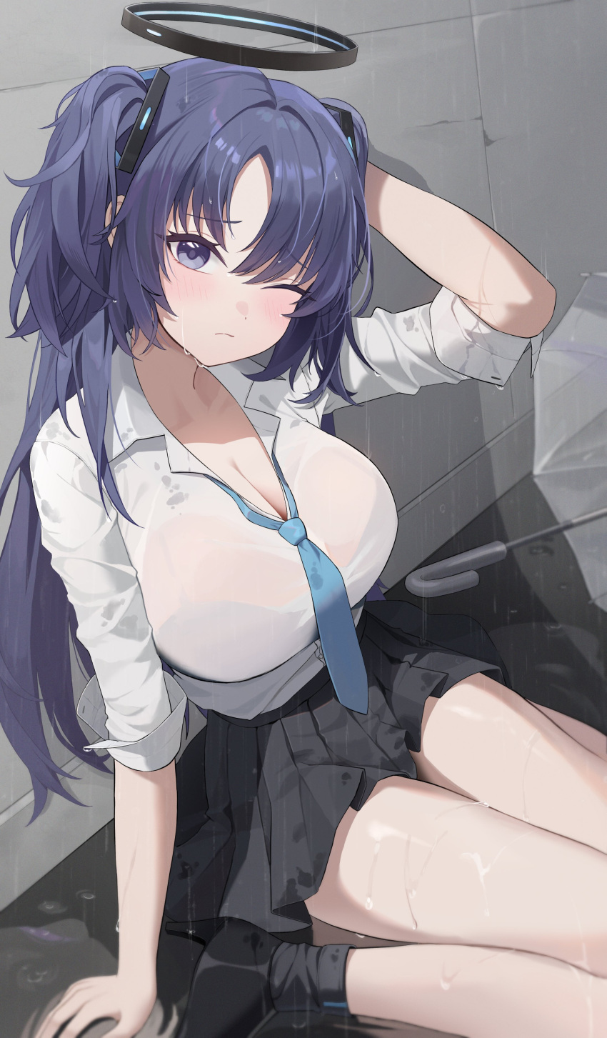 absurdres atom_mtoa blue_archive blue_necktie halo highres mechanical_halo necktie parted_bangs purple_hair school_uniform see-through see-through_shirt shirt skirt socks umbrella wet wet_clothes wet_shirt white_shirt yuuka_(blue_archive)