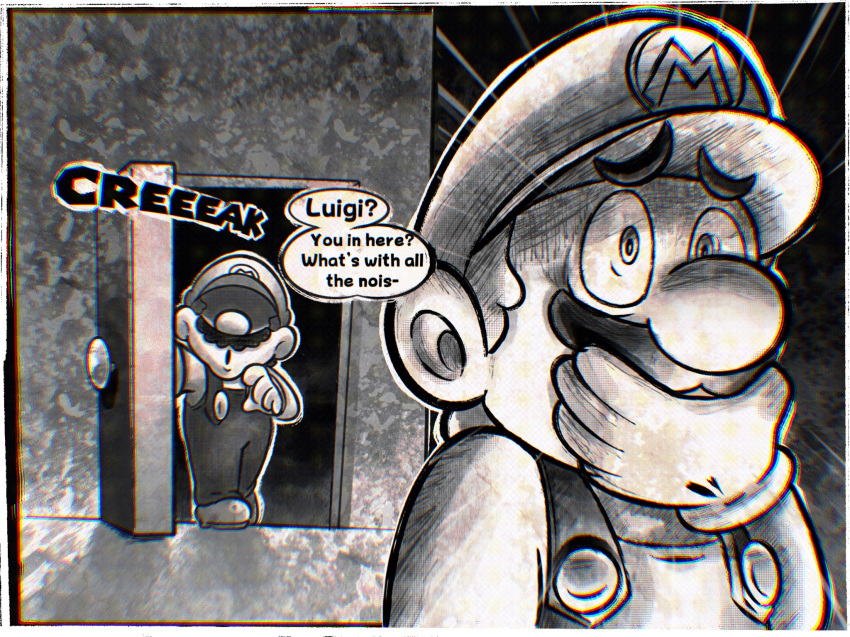 2boys brothers chromatic_aberration commentary constricted_pupils covering_mouth door emphasis_lines english_text facial_hair gloves greyscale hat highres jiggidyjakes luigi male_focus mario mario_(series) monochrome multiple_boys mustache overalls shaded_face siblings surprised