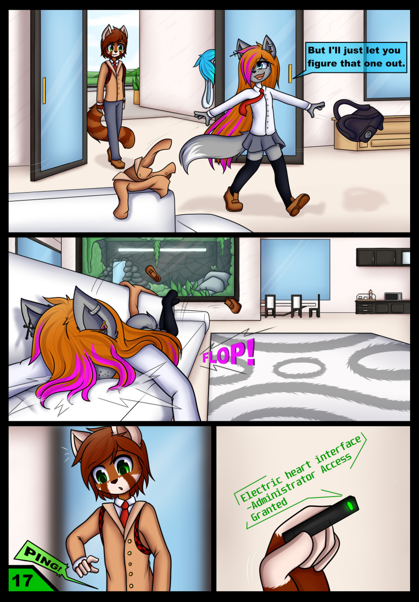 ailurid anthro canid canine canis clothing comic dialogue dream_mirage duo female fox hi_res hybrid kayla_kitsune male mammal red_panda school_uniform solo teenager text undressing uniform wolf young