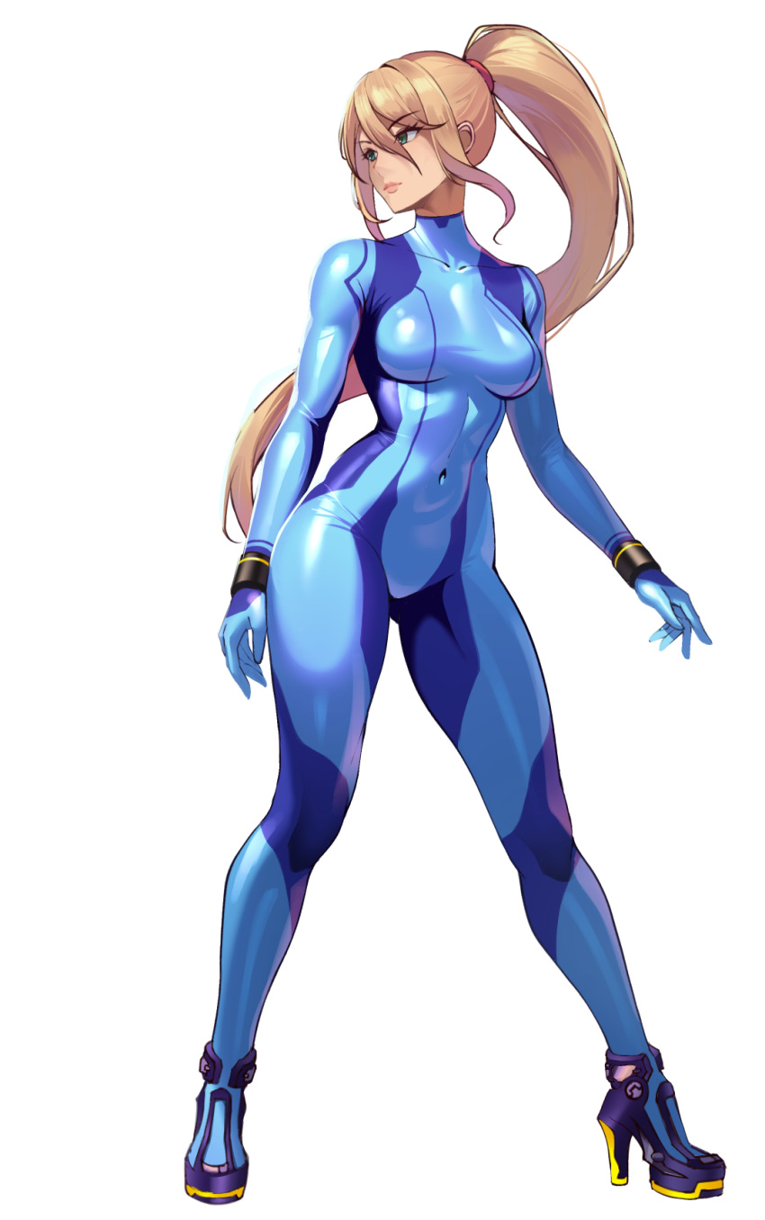 1girl blonde_hair blue_bodysuit blue_eyes blue_gloves bodysuit breasts full_body gloves hair_between_eyes highres latex latex_bodysuit long_hair looking_to_the_side medium_breasts metroid metroid_(classic) ponytail samus_aran simple_background solo volyz white_background zero_suit