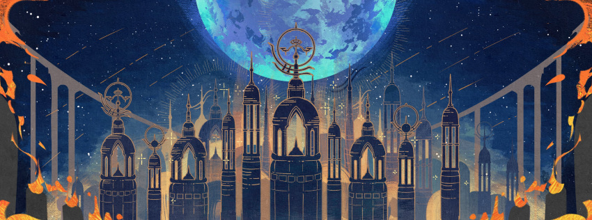 absurdres building burning chinese_commentary city cityscape commentary_request final_fantasy final_fantasy_xiv fire full_moon highres huge_moon in-universe_location moon night night_sky no_humans outdoors scenery sky sparkle star_(sky) starry_sky yuming_haomafan