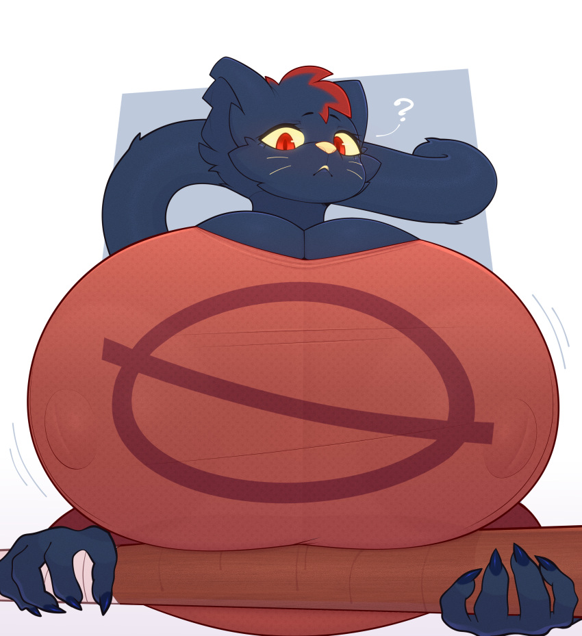 absurd_res anthro areola baseball_bat bat_(object) big_areola big_breasts blue_body breasts coffilatte_(artist) domestic_cat felid feline felis female hi_res holding_baseball_bat huge_areola huge_breasts hyper hyper_areola hyper_breasts hyper_nipples looking_at_viewer mae_borowski mammal night_in_the_woods nipple_outline nipples question_mark red_eyes solo