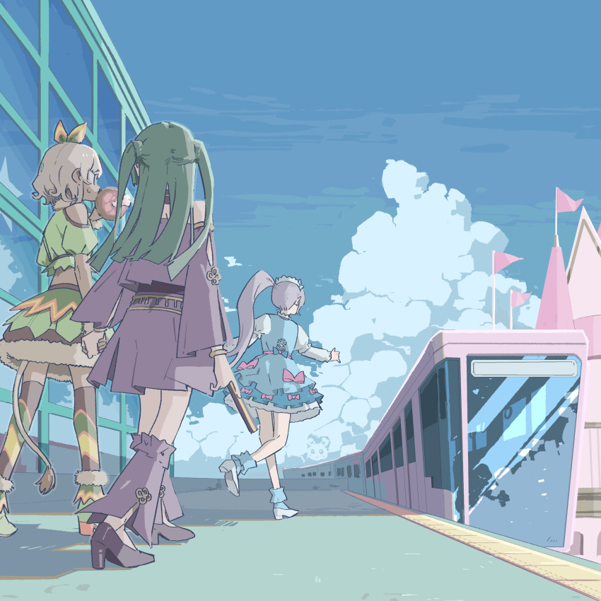 3girls blue_dress blue_sky blue_socks blunt_ends bow clothing_cutout cloud cropped_shirt day detached_sleeves dress facing_away flag folding_fan frilled_dress frills from_behind fur-trimmed_footwear fur_trim green_footwear green_hair green_skirt hair_bow hand_fan highres holding holding_fan idol_clothes idol_land_pripara kemura_(puripurinea) leg_warmers lion_tail long_hair long_sleeves manaka_non multiple_girls outdoors pink_bow pretty_(series) pripara puffy_short_sleeves puffy_sleeves purple_footwear purple_shirt purple_skirt purple_sleeves shirt short_hair short_sleeves shoulder_cutout side_ponytail skirt sky socks tactile_paving tail taiyo_pepper train train_station train_station_platform tsukikawa_chili two_side_up very_long_hair walking white_footwear